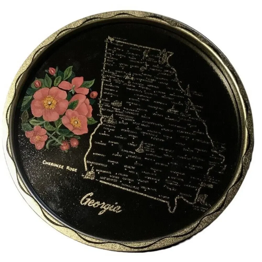 Vintage Toleway Serving Tray Georgia Cherokee Rose Black Gold Color With Flowers